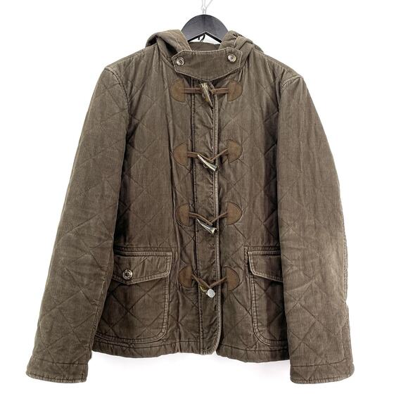 Chaps Denim Corduroy Jacket Women Large Brown Toggle Quilted Hood Rustic - Picture 1 of 11